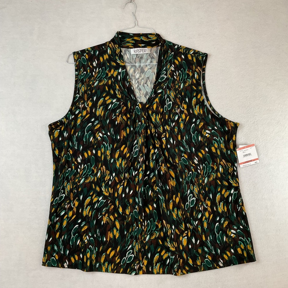 Kasper Womens 3X Evergreen Multi Abstract Tie Neck Sleeveless Blouse New